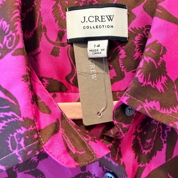 NWT J. Crew Collection Fuchsia Silk Twill Shirt in Brown Sleepy Lions- Size 14. - Picture 4 of 6